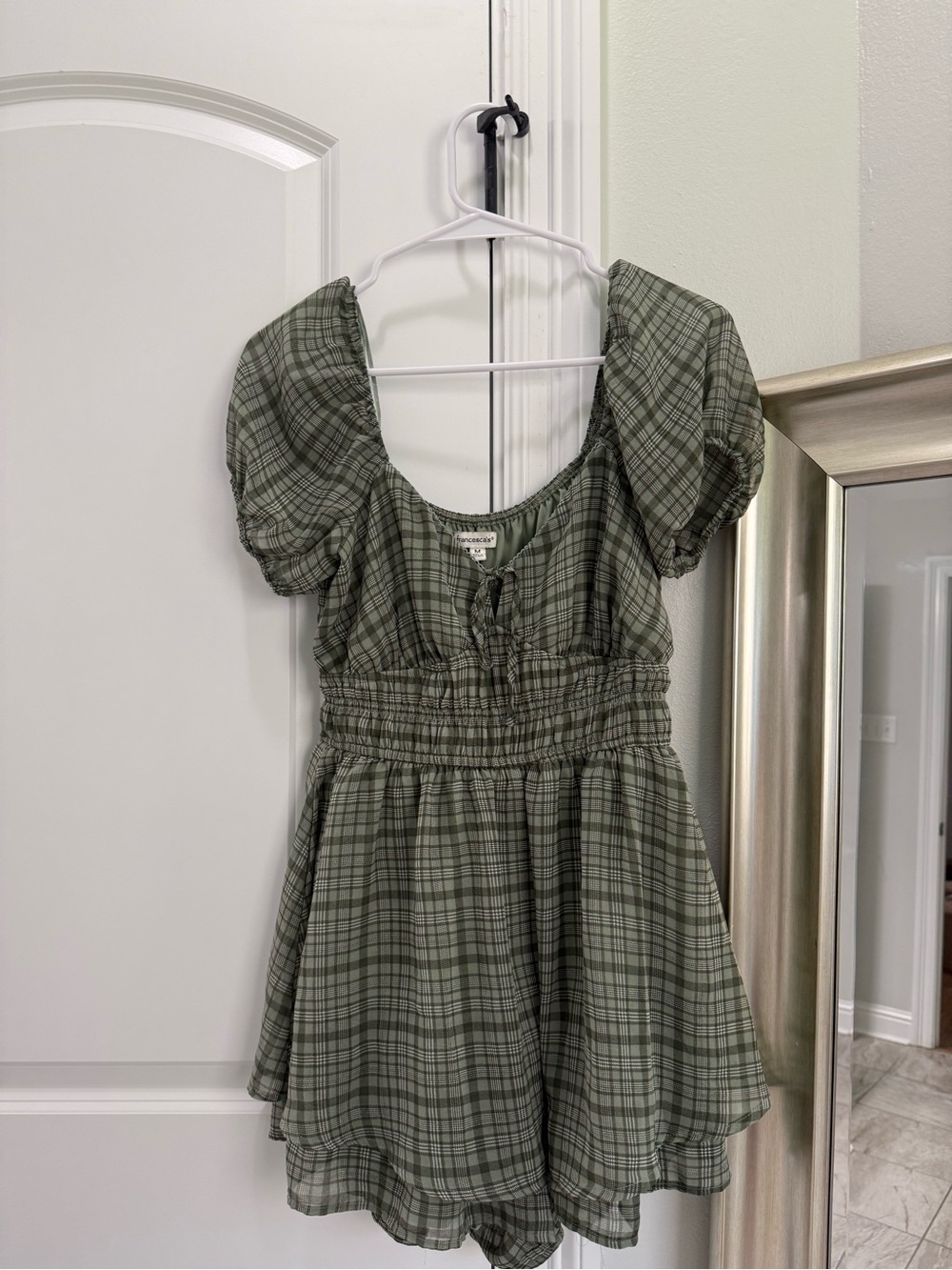 Francesca's Collections Olive Green Plaid Smocked Romper Dress